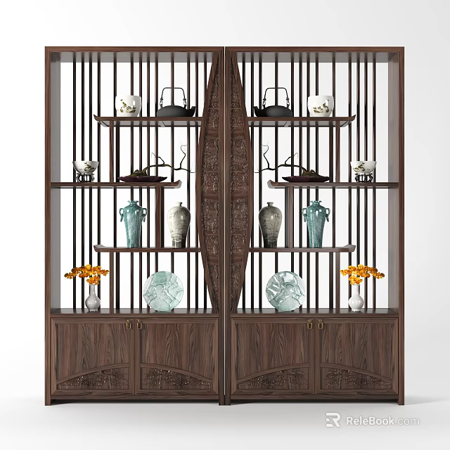 Chinese Style Dark Wood Curio Cabinet With Multiple Shelves And Decorative Vases Teapots 3d model 