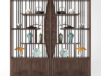 Chinese Style Dark Wood Curio Cabinet With Multiple Shelves And Decorative Vases Teapots 3d model