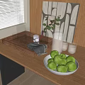 Fresh Green Apples in Wooden Bowl on Wooden Table with Glass Cups and Plant
