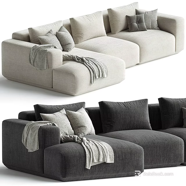 Modern Light Beige And Dark Gray Sectional Sofa With Decorative Pillows And Cozy Blankets 3d model 