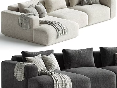 Modern Light Beige And Dark Gray Sectional Sofa With Decorative Pillows And Cozy Blankets 3d model
