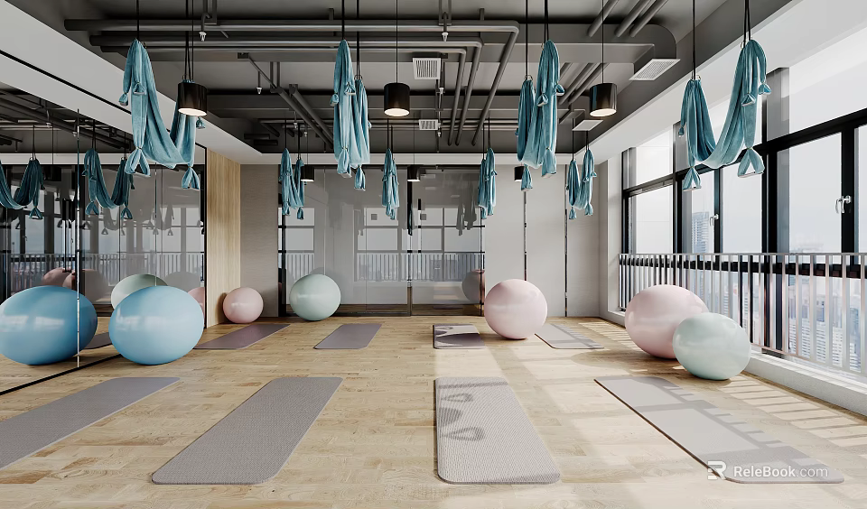 Industrial Style Fitness Studio With Aerial Yoga Hammocks Yoga Balls And Yoga Mats 3d model 