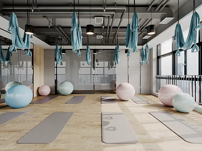 Industrial Style Fitness Studio With Aerial Yoga Hammocks Yoga Balls And Yoga Mats 3d model