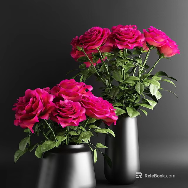Beautiful Pink Roses in Black Vases with Fresh Green Leaves for Elegant Home Decor 3d model 