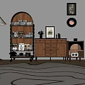 Wooden Bookcase With Decorative Photo Frames Vase Cabinet Floor Lamp And Wall Art On Rug