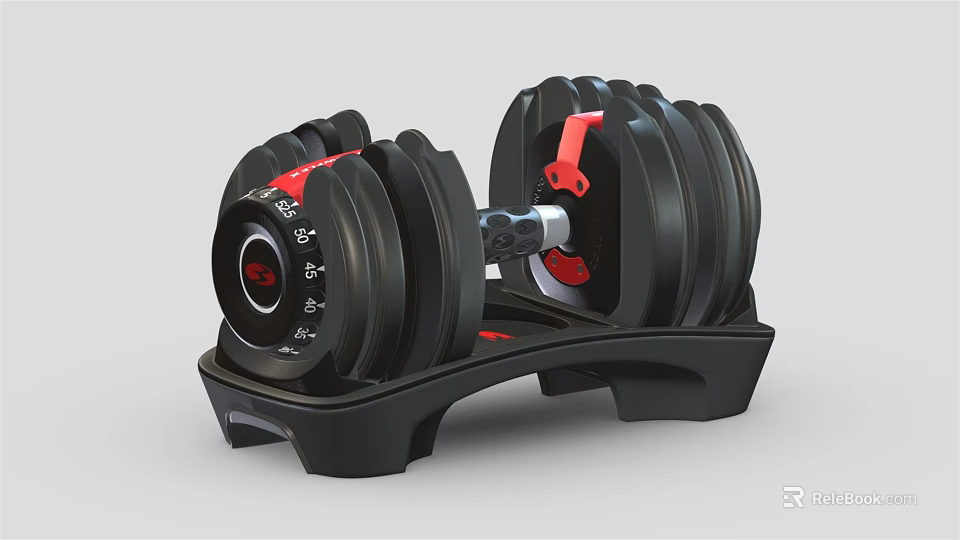 Adjustable Black Fitness Dumbbell Featuring Red Accents And Weight Plates On Stand 3d model 