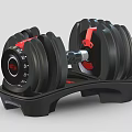 Adjustable Black Fitness Dumbbell Featuring Red Accents And Weight Plates On Stand