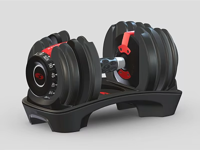 Adjustable Black Fitness Dumbbell Featuring Red Accents And Weight Plates On Stand 3d model