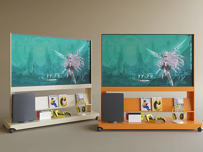 Two TVs on Wheeled Stands with Anime Character Display and Green Background 3d model