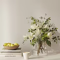 Decorative Ornament Set With White Flowers Green Leaves Glass Vase Fruit Bowl Books Coffee Cup