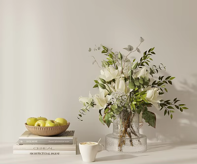 Decorative Ornament Set With White Flowers Green Leaves Glass Vase Fruit Bowl Books Coffee Cup 3d model