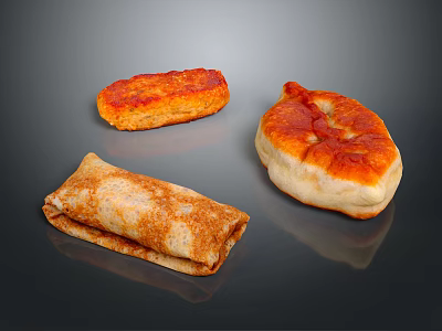 Assorted Savory Food Items Including Fried Patty Pancake Roll and Sauced Bun 3d model