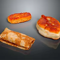 Assorted Savory Food Items Including Fried Patty Pancake Roll and Sauced Bun