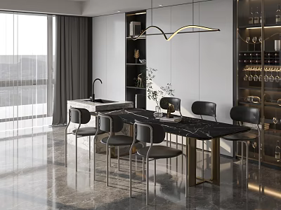 Modern Restaurant Interior With Marble Dining Table Black Chairs Wine Cabinet And Pendant Light 3d model
