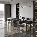 Modern Restaurant Interior With Marble Dining Table Black Chairs Wine Cabinet And Pendant Light