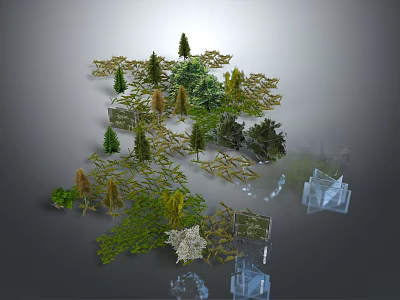 Diverse Trees And Plants In 3D Landscape Model With Transparent Structures 3d model
