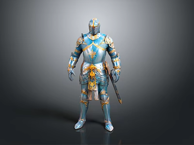 Medieval Knight Sword With Blue And Gold Ornate Armor Details 3d model