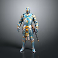Medieval Knight Sword With Blue And Gold Ornate Armor Details