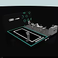 Audi Exhibition Booth With Black Background Hexagon Patterns White Reception Desk Green Plant And Chairs