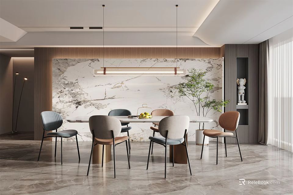Modern Restaurant Interior With Dining Table Chairs Pendant Lights Marble Wall And Plants 3d model 