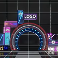 Glowing Neon Display Featuring Arc Structure Logo And Multiple Signs On Grid Background 3d model