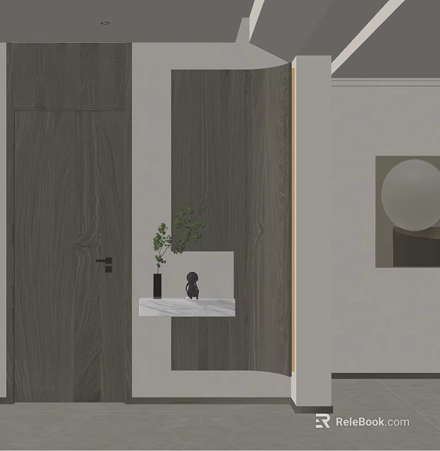 Modern Wooden Partition Design With Green Plant And Decorative Ornament 3d model 