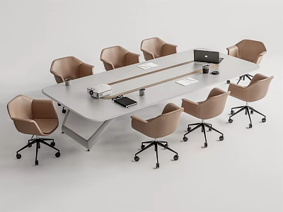 Contemporary Conference Table With Ergonomic Beige Chairs And Laptop On Office Setup 3d model