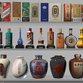 Assorted Wine Bottles and Wine Glasses Display with Diverse Designs on Tiered Shelves