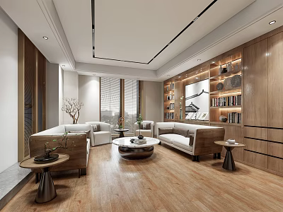 Elegant Modern Conference Room Interior With Sofa Coffee Table Bookshelf And Wooden Floor 3d model
