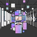 Bright Modern Specialty Store With Purple Blue Cube Decorations And Display Counters