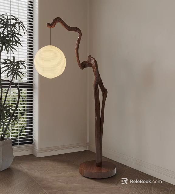 Natural Branch Shaped Floor Lamp With White Round Lampshade And Potted Plant Near Window 3d model 