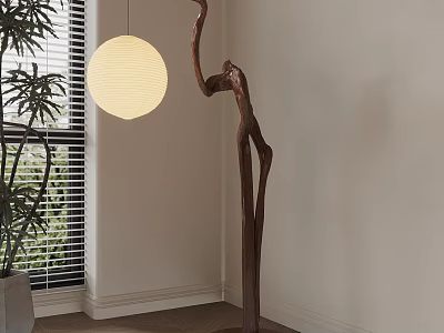 Natural Branch Shaped Floor Lamp With White Round Lampshade And Potted Plant Near Window 3d model