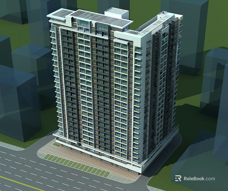 Modern High Rise Residential Building Exterior Design With Urban Landscape And Windows 3d model 