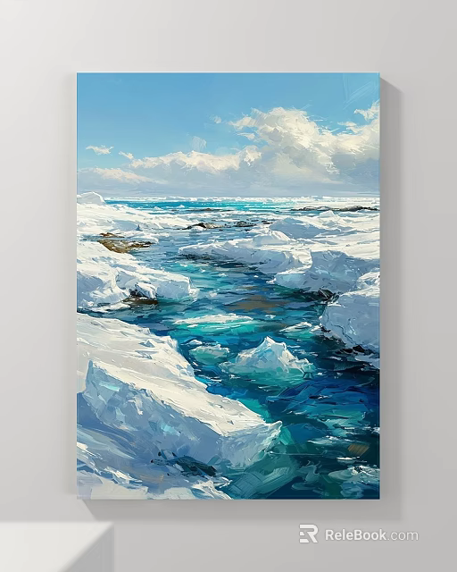 Scenic Landscape Painting Of Snow Covered River Featuring Turquoise Water Ice Blocks And White Clouds 3d model 
