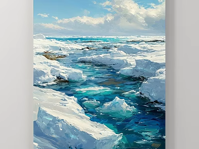 Scenic Landscape Painting Of Snow Covered River Featuring Turquoise Water Ice Blocks And White Clouds 3d model