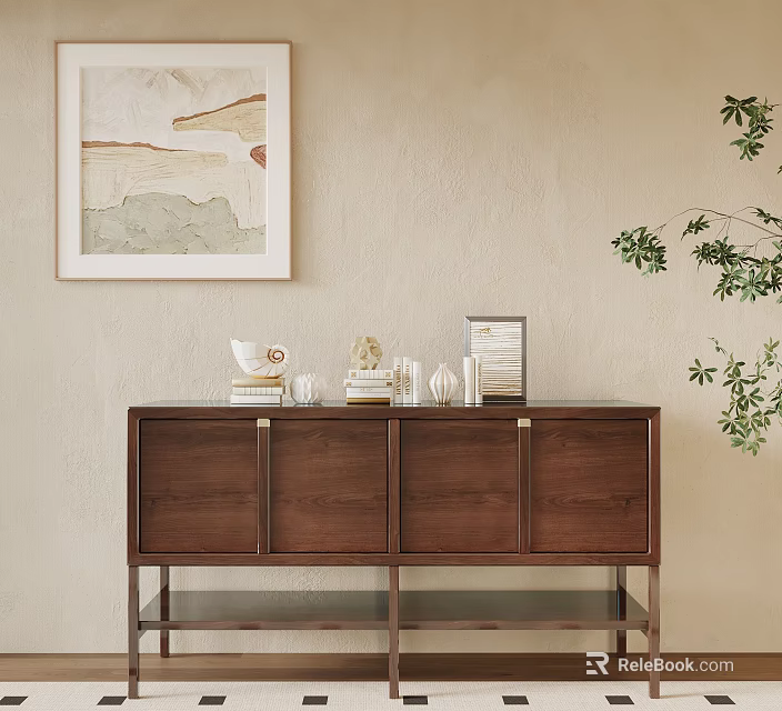 Modern Entryway Console Cabinet With Walnut Finish Decorative Items Plant And Artwork 3d model 