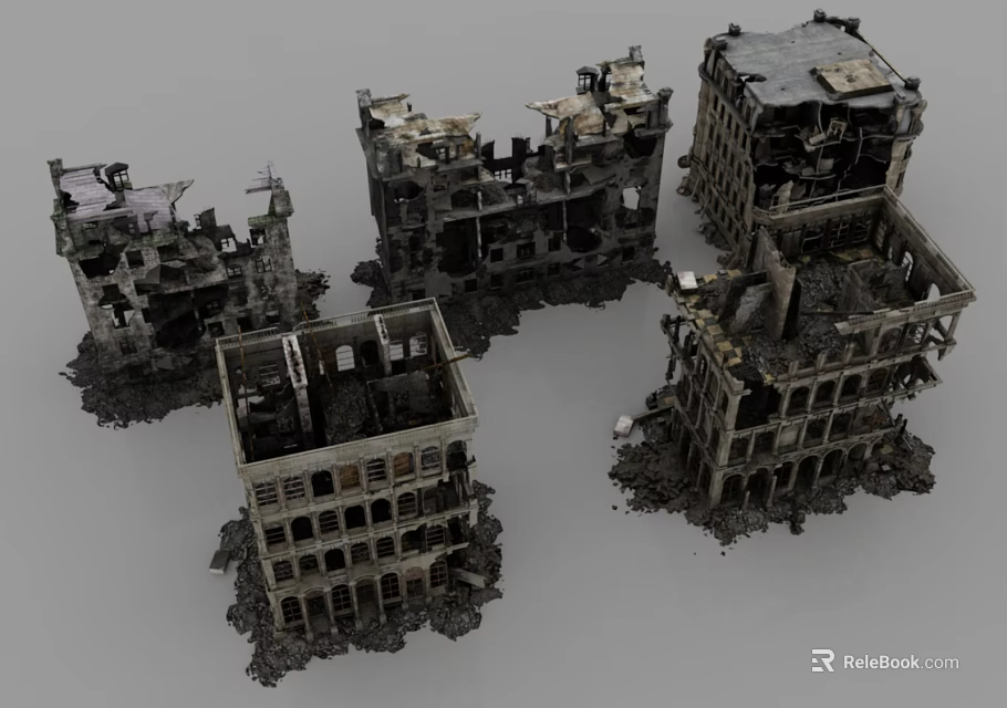 Ruined Architectural Components of Multistory Buildings with Damaged Walls and Exposed Frames 3d model 