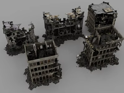 Ruined Architectural Components of Multistory Buildings with Damaged Walls and Exposed Frames 3d model