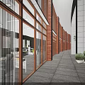 Modern School Building Exterior With Glass Walls Red Brick Columns Green Plants And Spacious Walkway