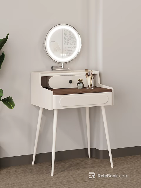White Dressing Table with Brown Tabletop Round Lit Mirror Makeup Brushes and Green Plant 3d model 