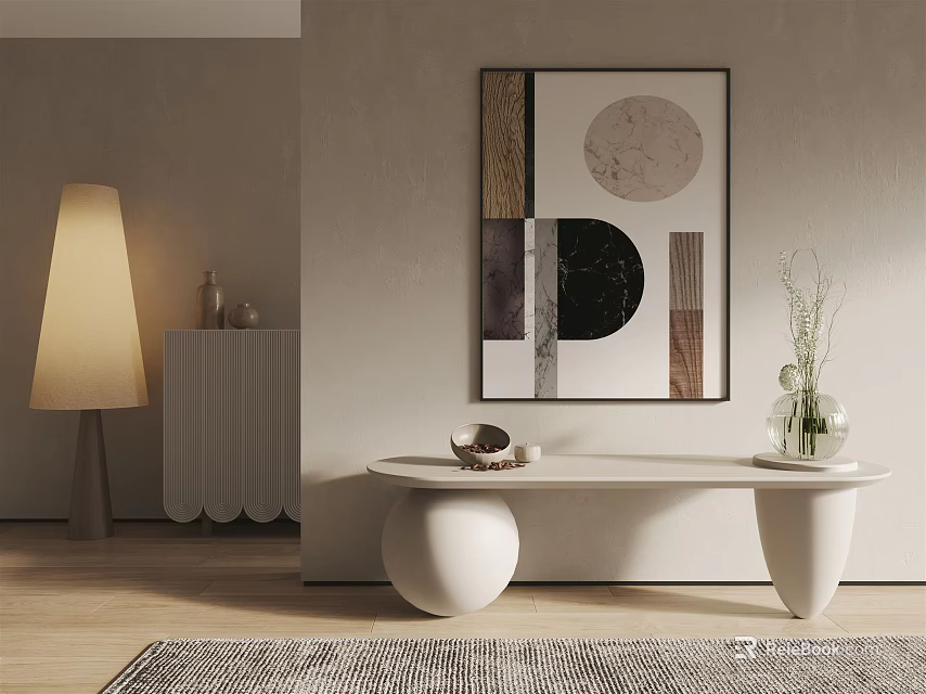 Modern Interior Decor Featuring Abstract Wall Art White Console Table And Floor Lamp 3d model
