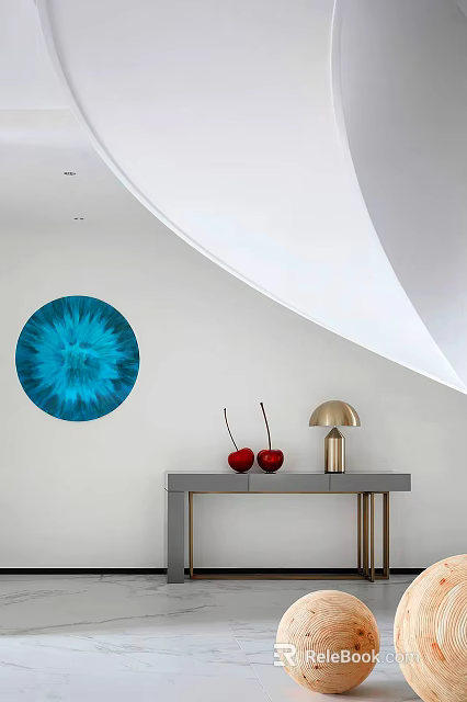 Modern Console Table With Blue Circular Wall Art Red Cherry Decor And Gold Lamp 3d model 