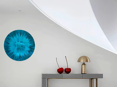 Modern Console Table With Blue Circular Wall Art Red Cherry Decor And Gold Lamp 3d model