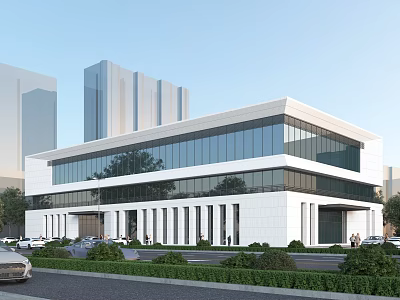 Modern Multistory School Building With White Exterior Glass Curtain Walls Urban Setting Greenery And Vehicles 3d model