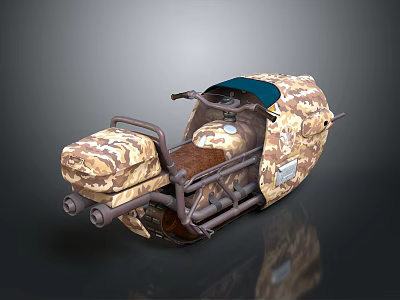 Desert Natural Scene With Camouflage Motorcycle Metal Frame And Exhaust Pipes 3d model