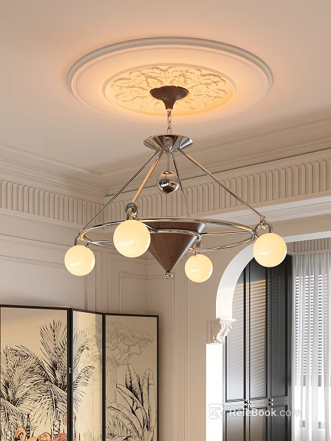 Modern Indoor Chandelier With Spherical Bulbs And Metal Frame In Elegant Decorative Living Space 3d model 