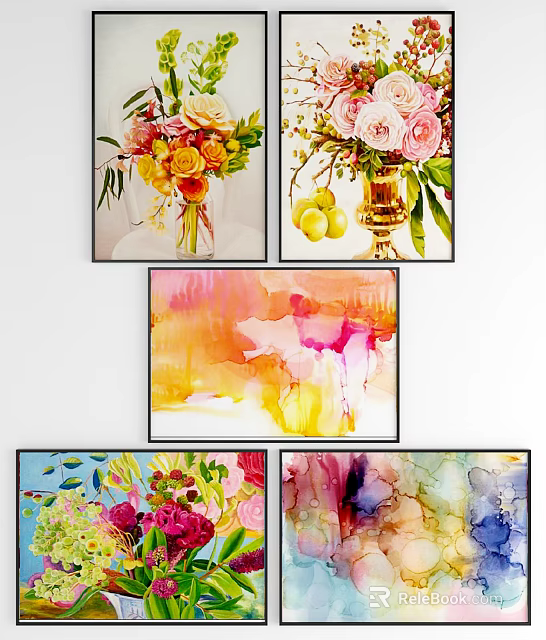 Colorful Watercolor Botanical Paintings With Floral Blooms And Green Leaves For Wall Decor 3d model 