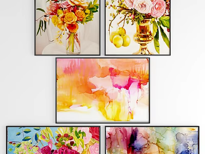 Colorful Watercolor Botanical Paintings With Floral Blooms And Green Leaves For Wall Decor 3d model