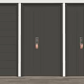Three Dark Gray Security Doors With Various Panel Designs Copper Handles Light Wall Wooden Floor