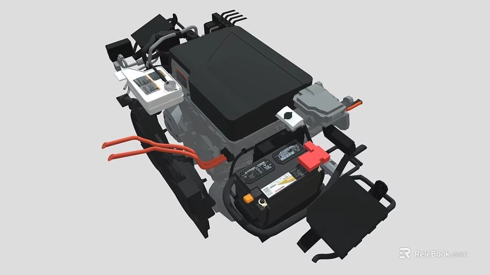 Modern Engine Design Featuring Black Casing Battery Orange Wiring And Control Panel 3d model 